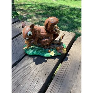 Vintage Ceramic Squirrel Figurine Holding Nut Autumn Leaves Green Base